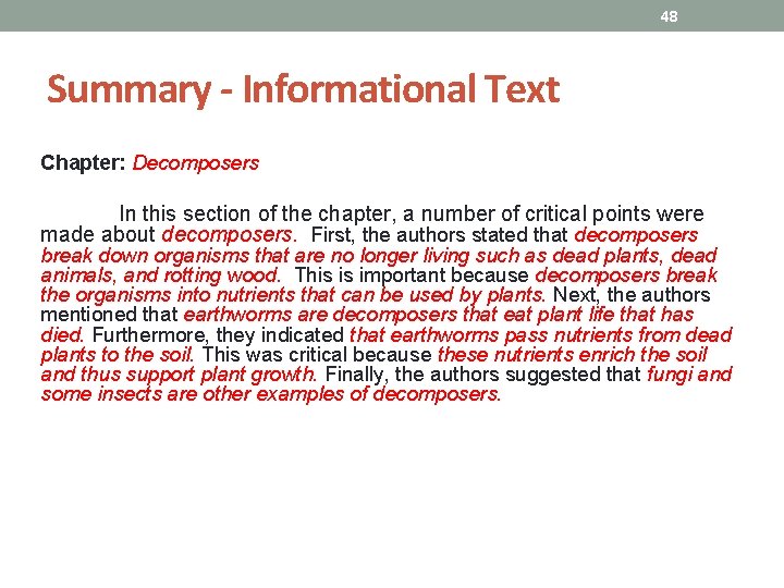 48 Summary - Informational Text Chapter: Decomposers In this section of the chapter, a 48 Summary - Informational Text Chapter: Decomposers In this section of the chapter, a