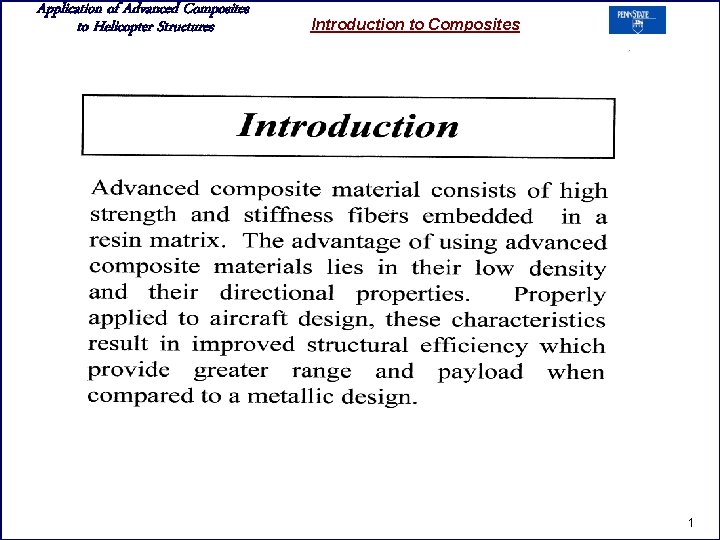Application of Advanced Composites to Helicopter Structures Introduction to Composites 1 