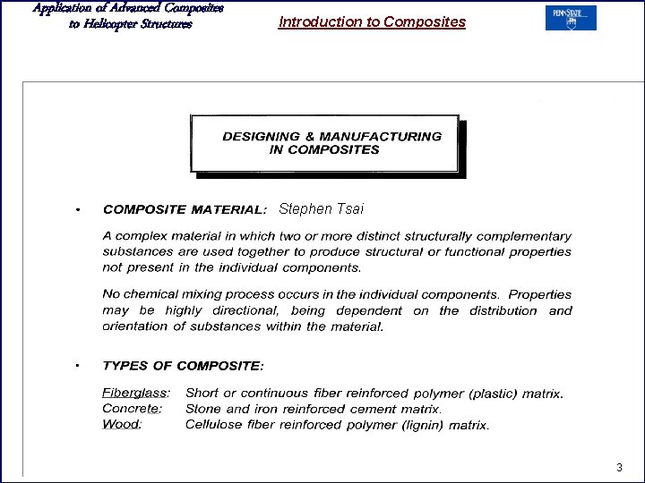 Application of Advanced Composites to Helicopter Structures Introduction to Composites Stephen Tsai 3 