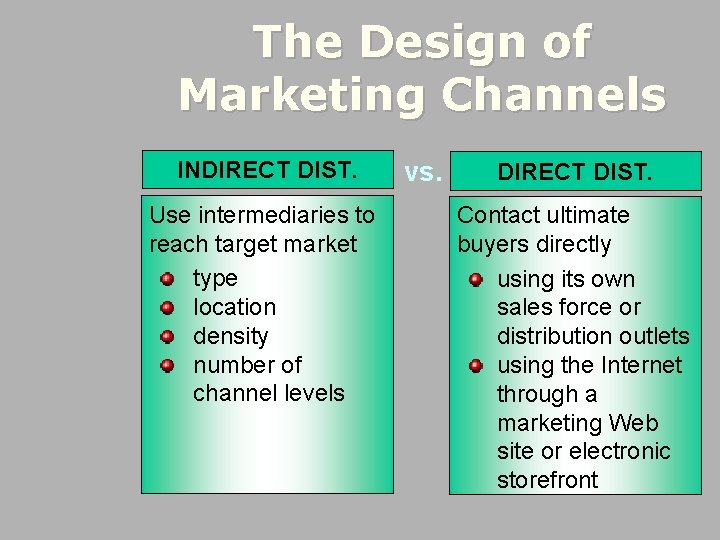 The Design of Marketing Channels INDIRECT DIST. Use intermediaries to reach target market type