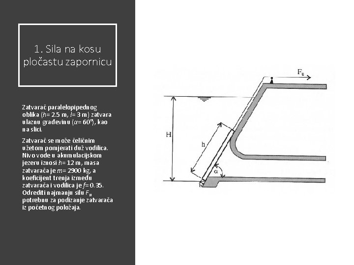 1. Sila na kosu pločastu zapornicu Zatvarač paralelopipednog oblika (h= 2. 5 m, l=