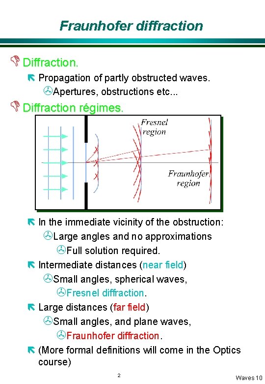 Fraunhofer diffraction D Diffraction. ë Propagation of partly obstructed waves. >Apertures, obstructions etc. . Fraunhofer diffraction D Diffraction. ë Propagation of partly obstructed waves. >Apertures, obstructions etc. .