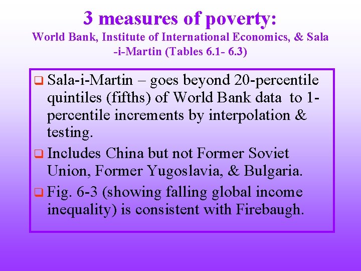 3 measures of poverty: World Bank, Institute of International Economics, & Sala -i-Martin (Tables