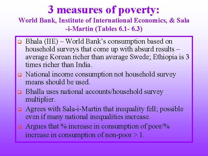 3 measures of poverty: World Bank, Institute of International Economics, & Sala -i-Martin (Tables