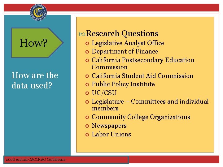 Why? How? Research Questions How are the data used? 2008 Annual CACCRAO Conference Legislative