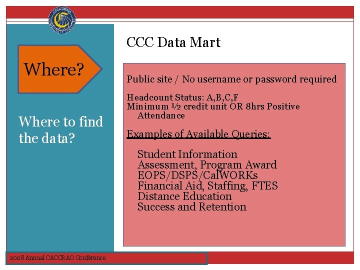 Why? Where to find the data? CCC Data Mart Public site / No username