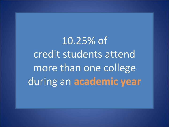 10. 25% of credit students attend more than one college during an academic year