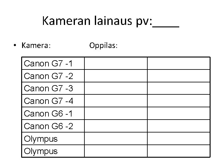 Kameran lainaus pv: ____ • Kamera: Canon G 7 -1 Canon G 7 -2