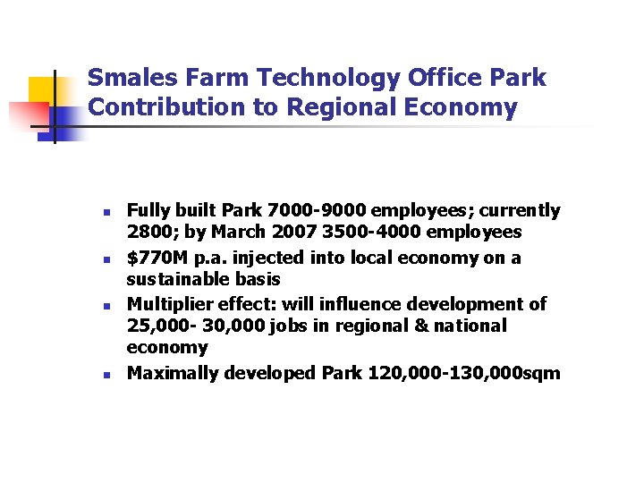 Smales Farm Technology Office Park Contribution to Regional Economy n n Fully built Park Smales Farm Technology Office Park Contribution to Regional Economy n n Fully built Park
