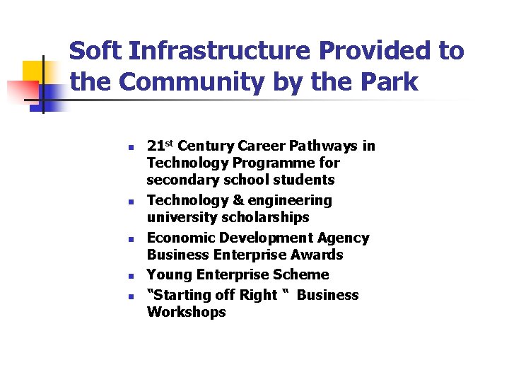 Soft Infrastructure Provided to the Community by the Park n n n 21 st Soft Infrastructure Provided to the Community by the Park n n n 21 st