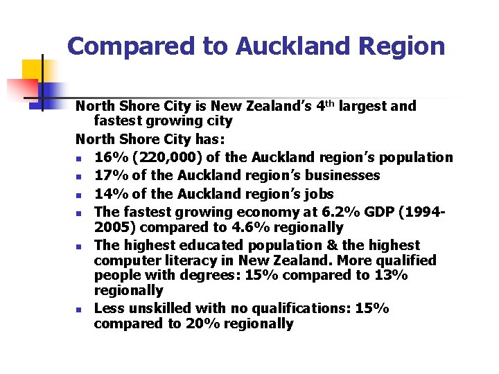 Compared to Auckland Region North Shore City is New Zealand’s 4 th largest and Compared to Auckland Region North Shore City is New Zealand’s 4 th largest and