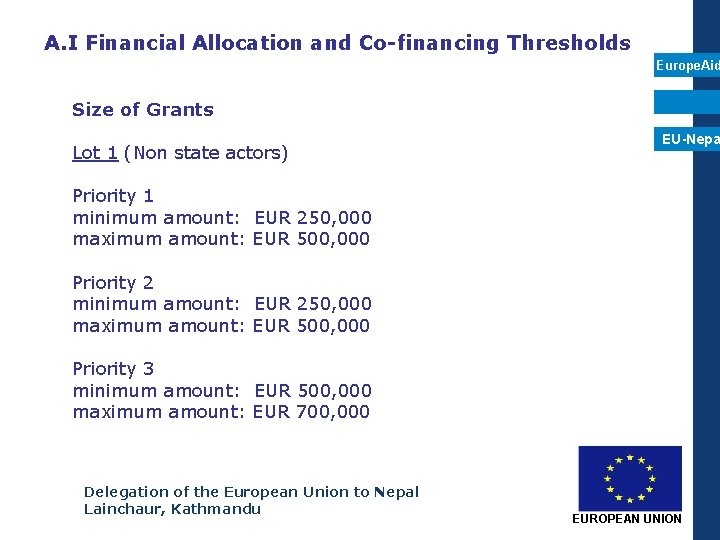 A. I Financial Allocation and Co-financing Thresholds Europe. Aid Size of Grants Lot 1