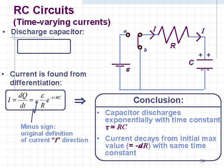 RC Circuits (Time-varying currents) • Discharge capacitor: I a -t/RC Q = Cee b