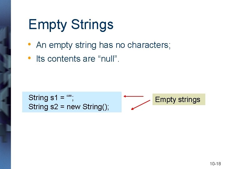 Empty Strings • An empty string has no characters; • Its contents are “null”.