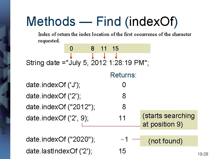 Methods — Find (index. Of) Index of return the index location of the first