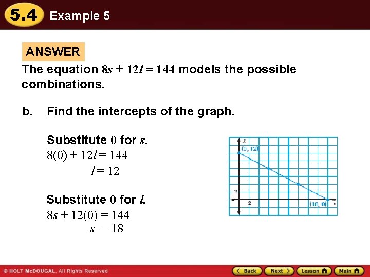 5. 4 Example 5 ANSWER The equation 8 s + 12 l = 144