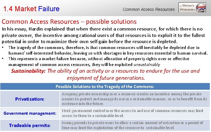 1. 4 Market Failure Common Access Resources – possible solutions In his essay, Hardin