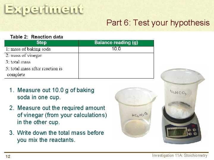 Part 6: Test your hypothesis 1. Measure out 10. 0 g of baking soda