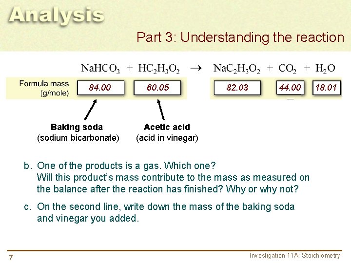 Part 3: Understanding the reaction 84. 00 Baking soda (sodium bicarbonate) 60. 05 82.