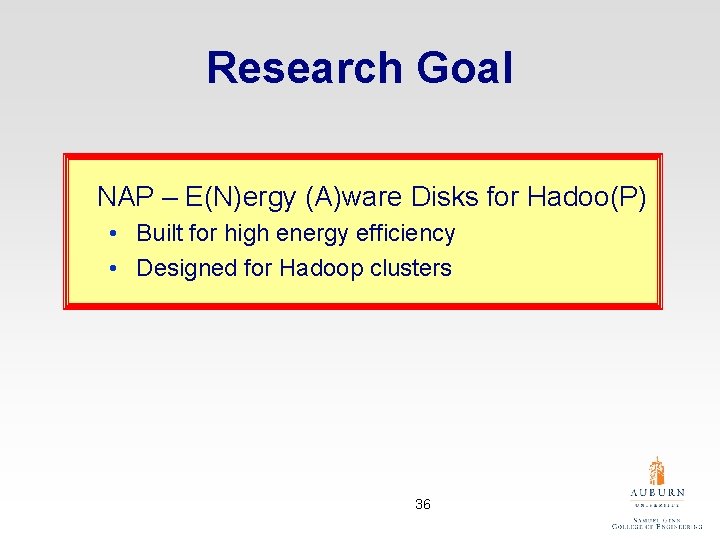 Research Goal NAP – E(N)ergy (A)ware Disks for Hadoo(P) • Built for high energy