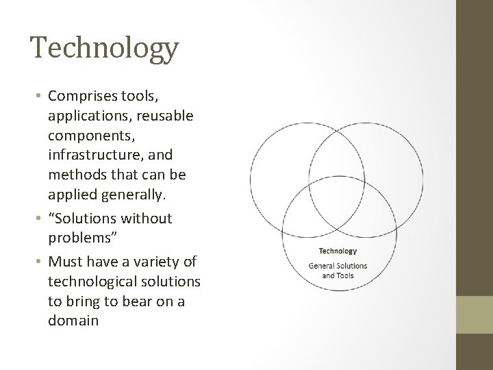 Technology • Comprises tools, applications, reusable components, infrastructure, and methods that can be applied