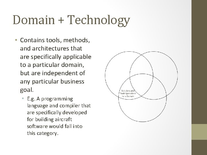 Domain + Technology • Contains tools, methods, and architectures that are specifically applicable to