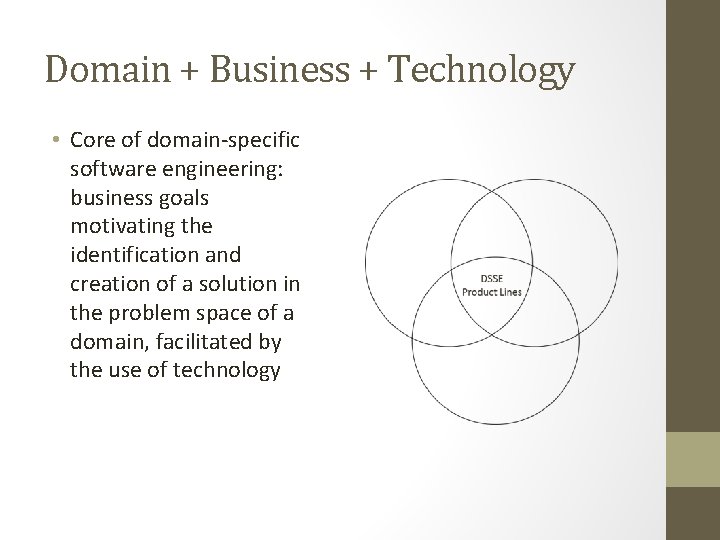 Domain + Business + Technology • Core of domain-specific software engineering: business goals motivating