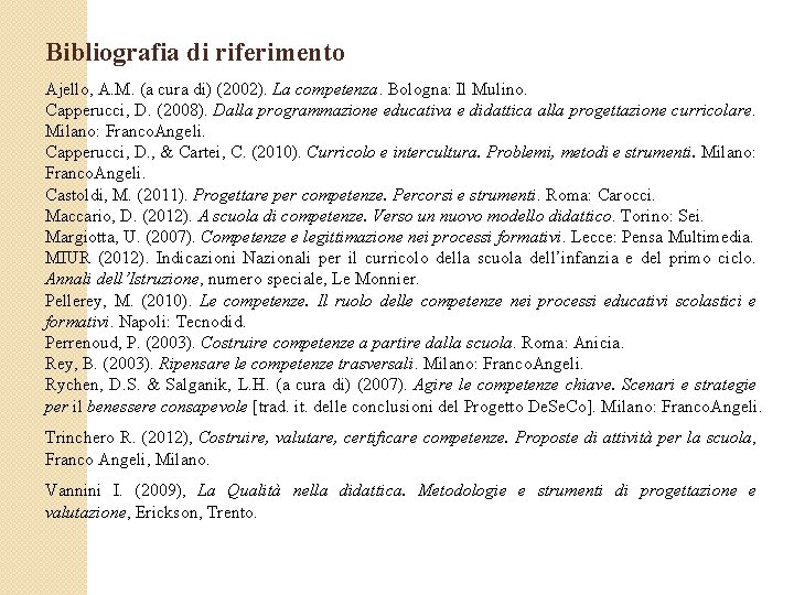 Bibliografia di riferimento Ajello, A. M. (a cura di) (2002). La competenza. Bologna: Il