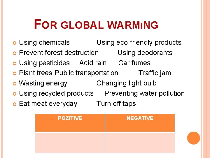 FOR GLOBAL WARMıNG Using chemicals Using eco-friendly products Prevent forest destruction Using deodorants Using