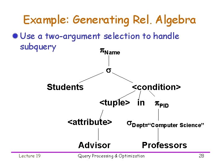 Example: Generating Rel. Algebra ® Use a two-argument selection to handle subquery Name Students