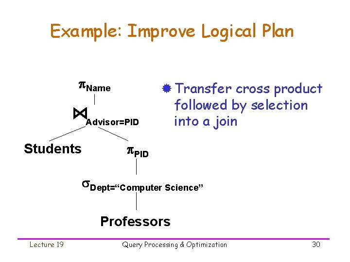 Example: Improve Logical Plan Name Advisor=PID Students ® Transfer cross product followed by selection