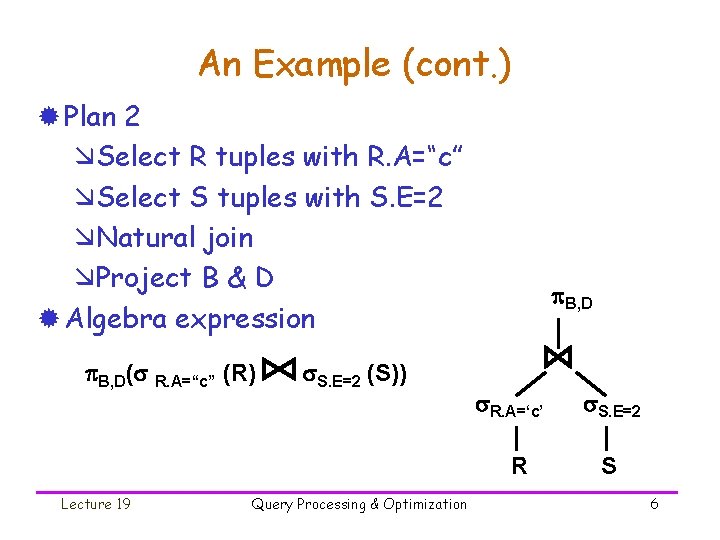 An Example (cont. ) ® Plan 2 æSelect R tuples with R. A=“c” æSelect