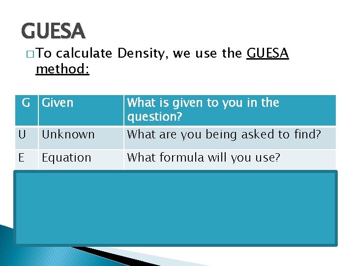 GUESA � To calculate Density, we use the GUESA method: G Given What is