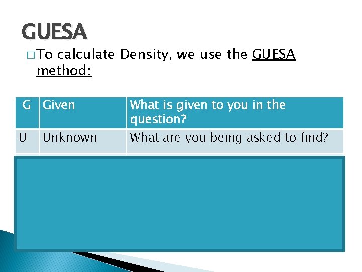 GUESA � To calculate Density, we use the GUESA method: G Given What is