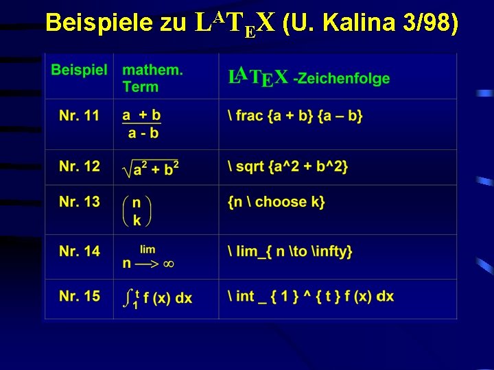 Beispiele zu LATEX (U. Kalina 3/98) 