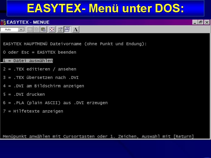 EASYTEX- Menü unter DOS: 