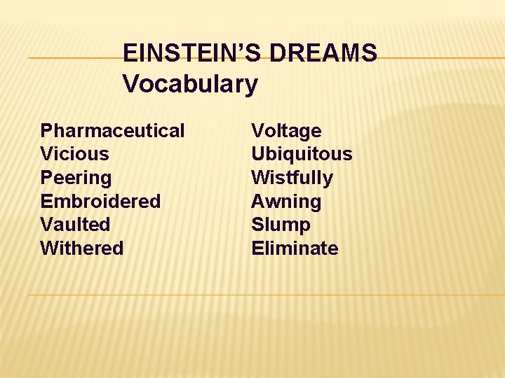 EINSTEIN’S DREAMS Vocabulary Pharmaceutical Vicious Peering Embroidered Vaulted Withered Voltage Ubiquitous Wistfully Awning Slump