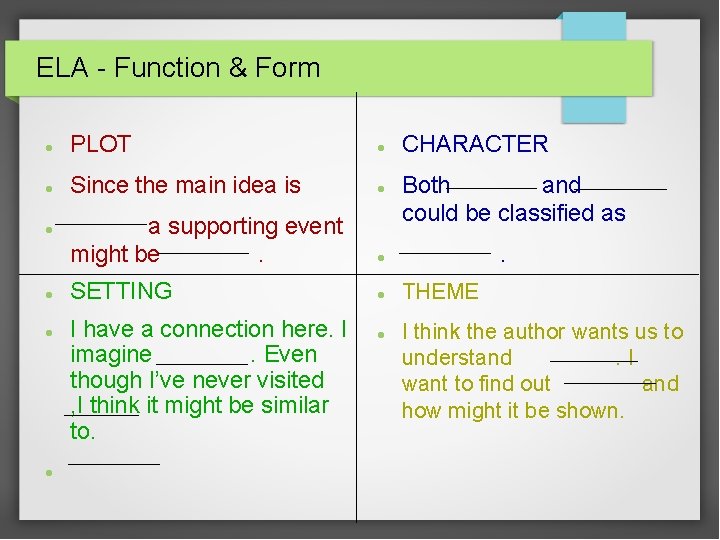 ELA - Function & Form PLOT Since the main idea is a supporting event