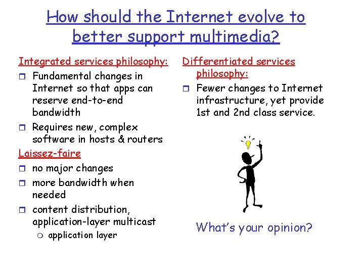 How should the Internet evolve to better support multimedia? Integrated services philosophy: r Fundamental