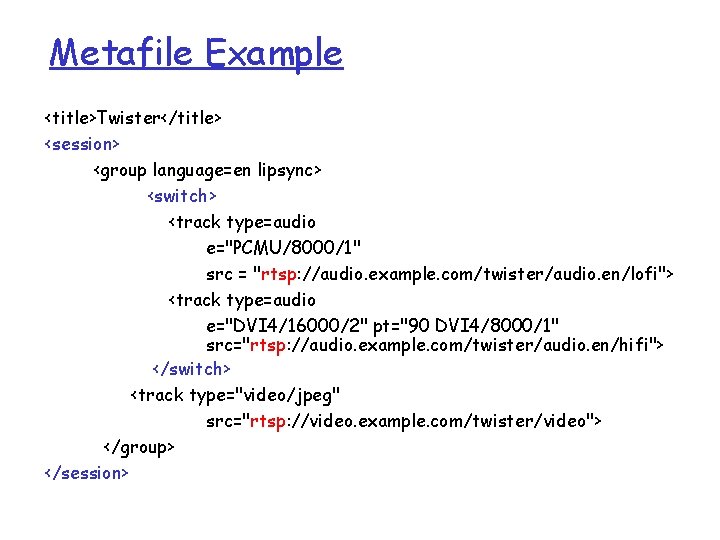 Metafile Example <title>Twister</title> <session> <group language=en lipsync> <switch> <track type=audio e="PCMU/8000/1" src = "rtsp: