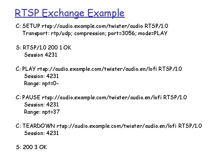 RTSP Exchange Example C: SETUP rtsp: //audio. example. com/twister/audio RTSP/1. 0 Transport: rtp/udp; compression;