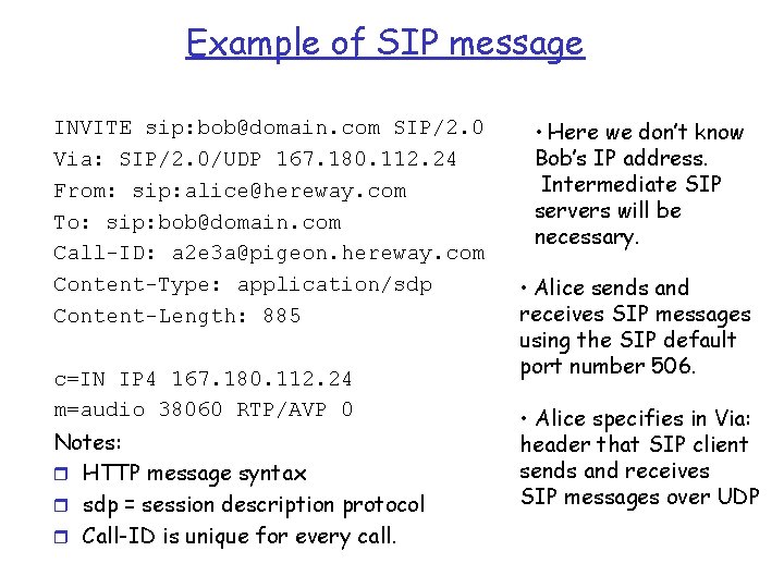 Example of SIP message INVITE sip: bob@domain. com SIP/2. 0 Via: SIP/2. 0/UDP 167.