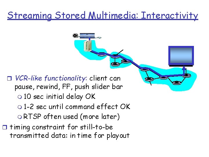 Streaming Stored Multimedia: Interactivity r VCR-like functionality: client can pause, rewind, FF, push slider