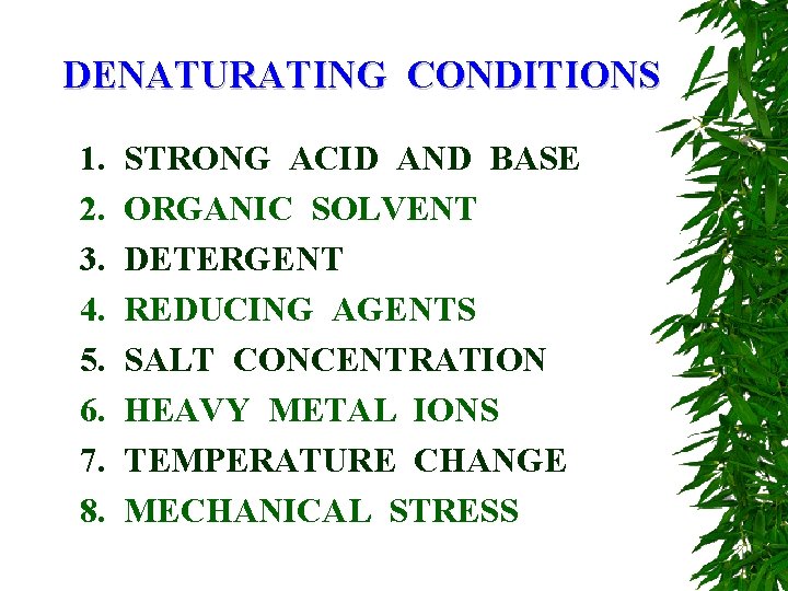 DENATURATING CONDITIONS 1. 2. 3. 4. 5. 6. 7. 8. STRONG ACID AND BASE