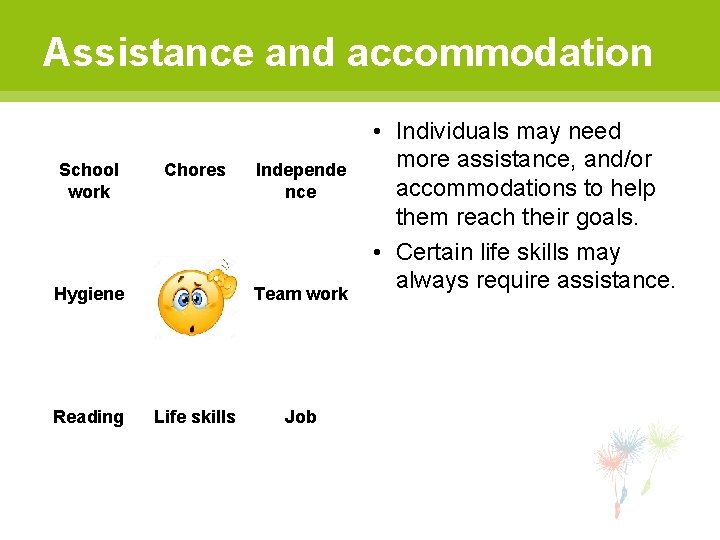 Assistance and accommodation School work Chores Hygiene Reading Independe nce Team work Life skills