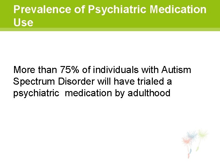 Prevalence of Psychiatric Medication Use More than 75% of individuals with Autism Spectrum Disorder