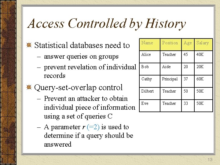 Access Controlled by History Statistical databases need to – answer queries on groups –