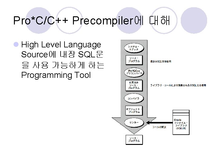 Pro*C/C++ Precompiler에 대해 l High Level Language Source에 내장 SQL문 을 사용 가능하게 하는