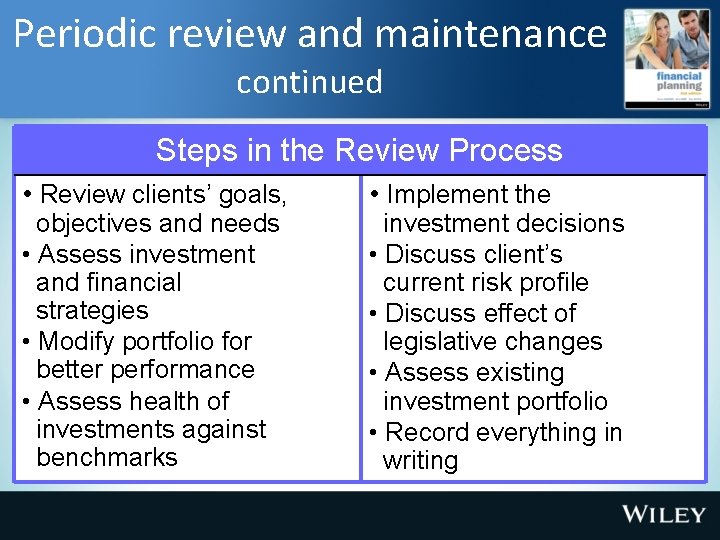 Periodic review and maintenance continued Steps in the Review Process • Review clients’ goals,