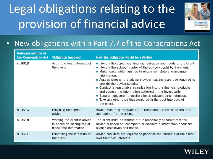 Legal obligations relating to the provision of financial advice • New obligations within Part